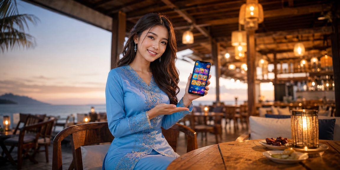 Pemain kasino dalam talian Malaysia menggunakan telefon pintar dengan baju kurung
